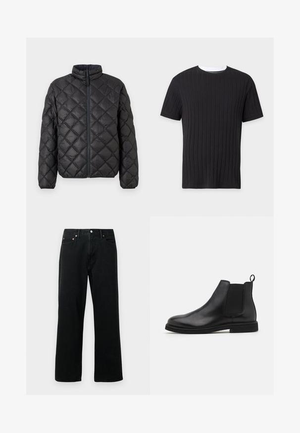 Schwarze gesteppte Pufferjacke mit Stehkragen, Frontreißverschluss und Rautenmuster. Glatte Textur und gepolstert für wärmeisolierenden Schutz.; Schwarzes kurzärmeliges, geripptes Strick-T-Shirt mit weißem Rundhalsausschnitt, auf einfarbigem Hintergrund dargestellt.; Schwarze Jeans aus Denim mit gerade geschnittenem Bein, fünf Taschen, Metallnieten und Knopfverschluss. Der Stoff hat eine weiche Textur mit minimaler Ausbleichung.; Schwarze Leder Chelsea-Stiefel mit elastischen Seitenpanelen und einem Zugtab. Gerundete Zehenpartie und flache Gummisohle, die eine glatte Oberfläche zeigt.