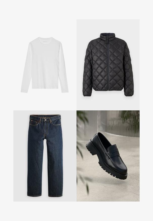 Sort quilted pufferjakke med opretstående krave, frontlynlås og diamantmønster. Glat tekstur og polstret for isolering.; Langærmet hvid T-shirt lavet af blød bomuld, med rund halsudskæring og en glat tekstur uden synlige mønstre eller accenter.; Mørkeblå denimjeans med en lige ben-snit. Har fem lommer, kontrastsyning og knaplukning i taljen.; Sorte læder loafers med en chunky sål, der har en dekorativ rem og syninger. Glat tekstur med en poleret overflade.