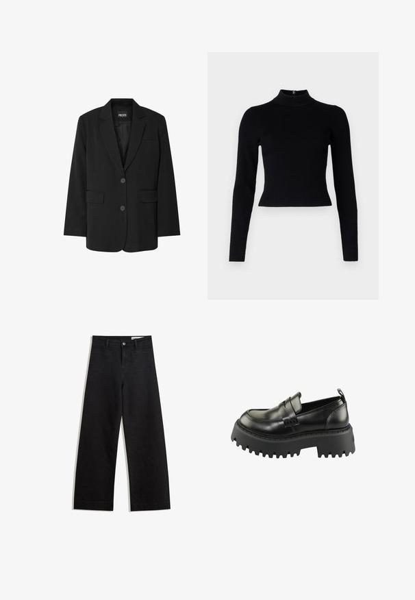 Sort blazer fra PIECES med reverskrave, to frontlommer og to knaplukninger, lavet af glat stof.; Sort ribbet turtleneck sweater med lange ærmer og en tætsiddende silhuet, der har en glat overflade og en lynlåsdetalje på ryggen.; Sorte wide-leg denim bukser med høj talje, der har front- og baglommer, syede sømme og en knaplukning. Glat tekstur.; Sorte læder loafers med en tyk, struktureret sort gummisål. Har en rund tå og en dekorativ rem på tværs af vamps.