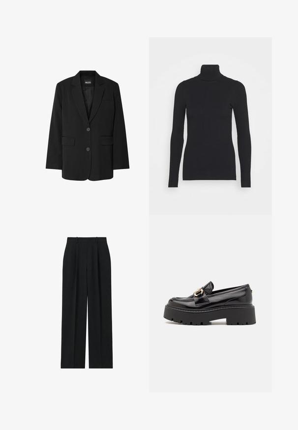 Blazer noir de la marque PIECES, avec un col cranté, deux poches avant et une fermeture à deux boutons, fabriqué à partir d'un tissu lisse.; Pull noir à col roulé côtelé, doté de longues manches et d'une silhouette près du corps. La texture est lisse avec un motif de côtes horizontal.; Reiss PETITE FIT - EDEN ELASTICATED WAIST WIDE - Pantalon classique - navy; Steve Madden OCCUPY - Chaussons - black