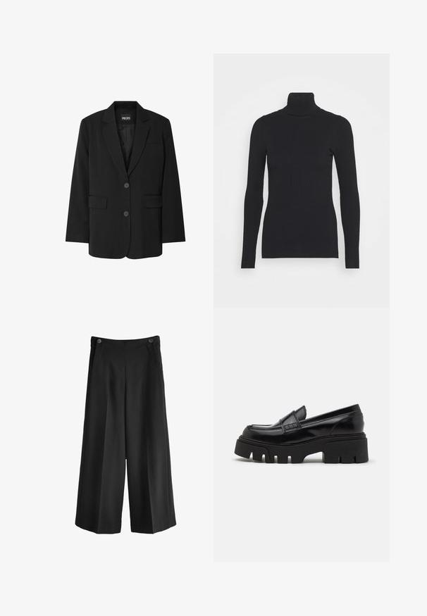 Blazer negro de PIECES, con cuello de muesca, dos bolsillos frontales y cierre de dos botones, fabricado en un tejido suave.; Suéter ajustado de canalé negro con cuello alto, que presenta mangas largas y una silueta ceñida. La textura es suave con un patrón de canalé horizontal.; Pantalones de pierna ancha negros con una cintura alta, hechos de una tela suave. Presenta dos bolsillos delanteros y dos botones en la cintura.; Mocasines de cuero negro con una suela de plataforma gruesa y texturizada, y una correa decorativa en la parte superior. Acabado liso y brillante.