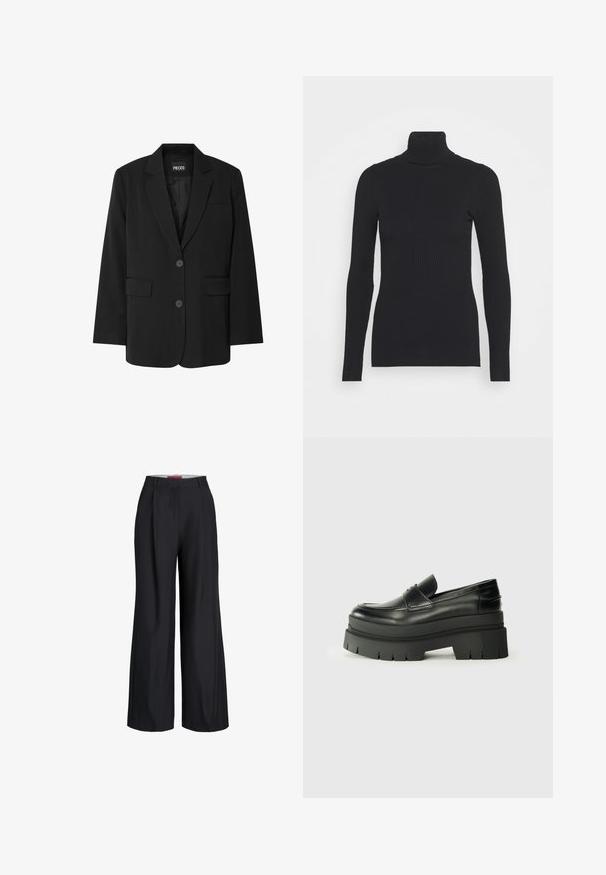 Blazer noir de la marque PIECES, avec un col cranté, deux poches avant et une fermeture à deux boutons, fabriqué à partir d'un tissu lisse.; Pull noir à col roulé côtelé, doté de longues manches et d'une silhouette près du corps. La texture est lisse avec un motif de côtes horizontal.; Pantalon large noir avec passants de ceinture et fermeture éclair à l'avant, présenté sur fond blanc.; Mocassins en cuir noir avec une semelle plateforme épaisse. Bout arrondi, détail de couture sur le devant et accents de surpiqûres subtils. Semelle plate et texturée.
