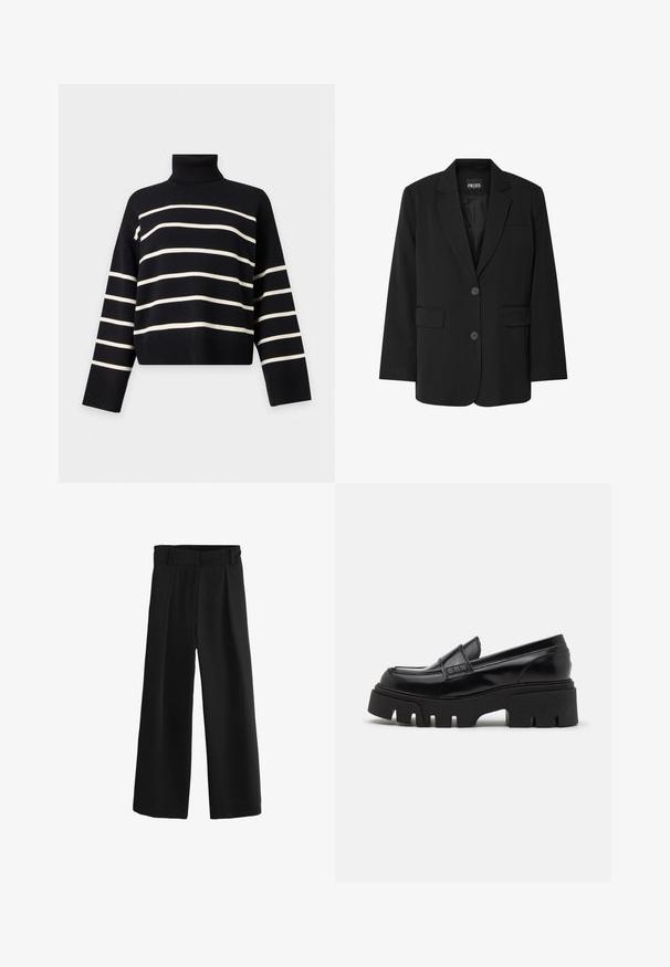 Sort blazer fra PIECES med reverskrave, to frontlommer og to knaplukninger, lavet af glat stof.; Sort rullekrave trøje med lange ærmer med horisontale hvide striber på kroppen og ærmerne.; Sorte buks i vid model med plisseret forside, elastisk talje og glat materiale. Har en afslappet pasform, der går til anklen.; Sorte læder loafers med en chunky, tekstureret platformssål og en dekorativ rem over toppen. Glat, blank finish.