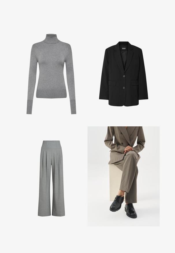 Blazer noir de la marque PIECES, avec un col cranté, deux poches avant et une fermeture à deux boutons, fabriqué à partir d'un tissu lisse.; ONLY ONLVENICE ROLLNECK - Pullover - light grey melange; Pantalons larges plissés gris avec une taille haute, fabriqués à partir d'un tissu texturé, présentant une finition lisse et des lignes épurées.; Personne portant un costume taupe assise sur un bloc blanc, jambes croisées, présentant des chaussures en cuir noires à lacets sur fond blanc.