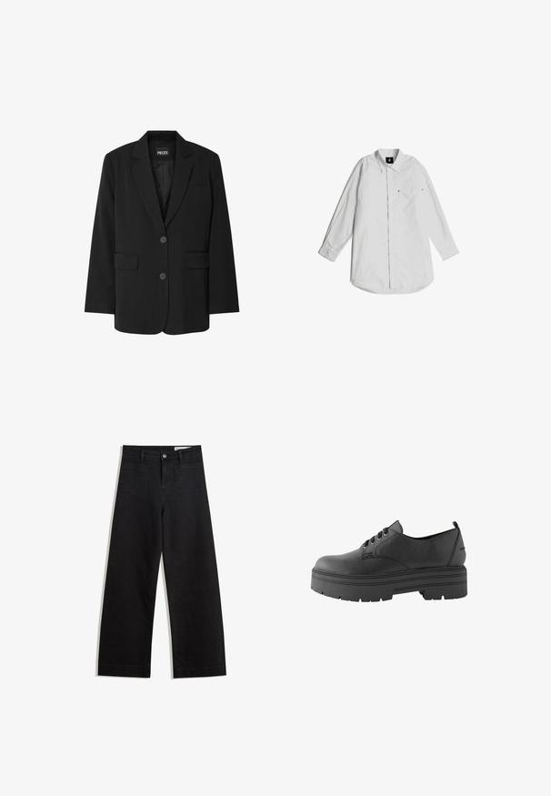 Blazer noir de la marque PIECES, avec un col cranté, deux poches avant et une fermeture à deux boutons, fabriqué à partir d'un tissu lisse.; Chemise blanche à manches longues en coton léger. Dotée d'un col boutonné, d'une poche avant et de détails de couture subtils.; Pantalon en denim noir à jambes larges avec une taille haute, comprenant des poches avant et arrière, des coutures piquées et une fermeture à bouton. Texture lisse.; Next WIDE FIT FOREVER COMFORT CHUNKY - Derbies - mottled black
