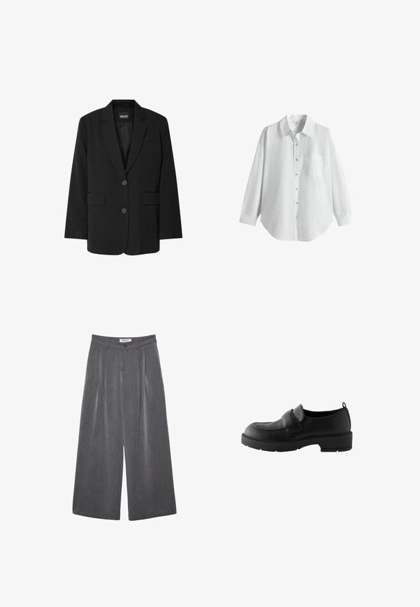 Blazer noir de la marque PIECES, avec un col cranté, deux poches avant et une fermeture à deux boutons, fabriqué à partir d'un tissu lisse.; Chemise blanche à manches longues boutonnée avec col et poche poitrine, présentée sur un fond blanc uni.; Pantalon gris à jambes larges avec plis, confectionné dans un tissu doux. Dispose d'une fermeture à boutons et d'une taille cintrée.; Mocassins en cuir noir avec un bout rond, dotés d'une bande sur le devant et d'une semelle en caoutchouc texturé pour une meilleure adhérence. Comprend une tirette au talon.