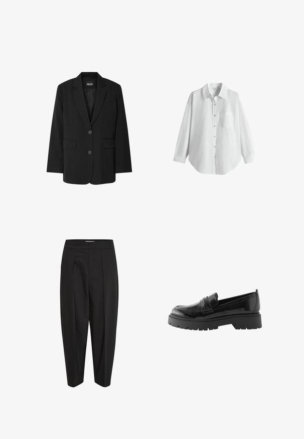 Blazer negro de PIECES, con cuello de muesca, dos bolsillos frontales y cierre de dos botones, fabricado en un tejido suave.; Camisa blanca de manga larga con botones, cuello y bolsillo en el pecho, mostrada sobre un fondo blanco liso.; Pantalones negros con una tela suave, con cintura alta, pliegue central y perneras ajustadas. Sin bolsillos visibles ni adornos.; Los mocasines de charol negro presentan una suela plataforma baja con un diseño de tracción robusta y un detalle cosido en el medio del pie.