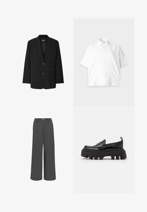 Veste noire simple boutonnage avec revers à encoche, deux poches à rabat avant, deux boutons et une poche poitrine, présentée sur fond blanc.; Chemise blanche à manches courtes avec col et boutons, design épuré et logo subtil sur la poitrine, présentée sur un fond clair.; Pantalon large gris fabriqué en tissu texturé, avec une ceinture élastique et des poches avant pour un ajustement décontracté.; Mocassins en cuir noir avec une semelle en caoutchouc noir épaisse, dotées de rainures antidérapantes et d'une sangle décorative à l'avant.