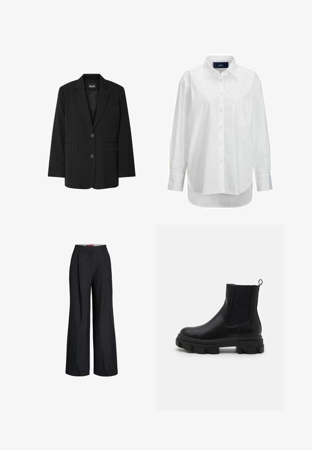 Blazer noir de la marque PIECES, avec un col cranté, deux poches avant et une fermeture à deux boutons, fabriqué à partir d'un tissu lisse.; Chemise blanche à manches longues en coton doux avec un col boutonné, une poche à l'avant et un ourlet arrondi. Présente un empiècement au dos pour plus de structure.; Pantalon large noir avec passants de ceinture et fermeture éclair à l'avant, présenté sur fond blanc.; Bottines en cuir noir avec des panneaux latéraux élastiques, semelle en caoutchouc épaisse et une languette. Présente une texture lisse et un motif de semelle défini.