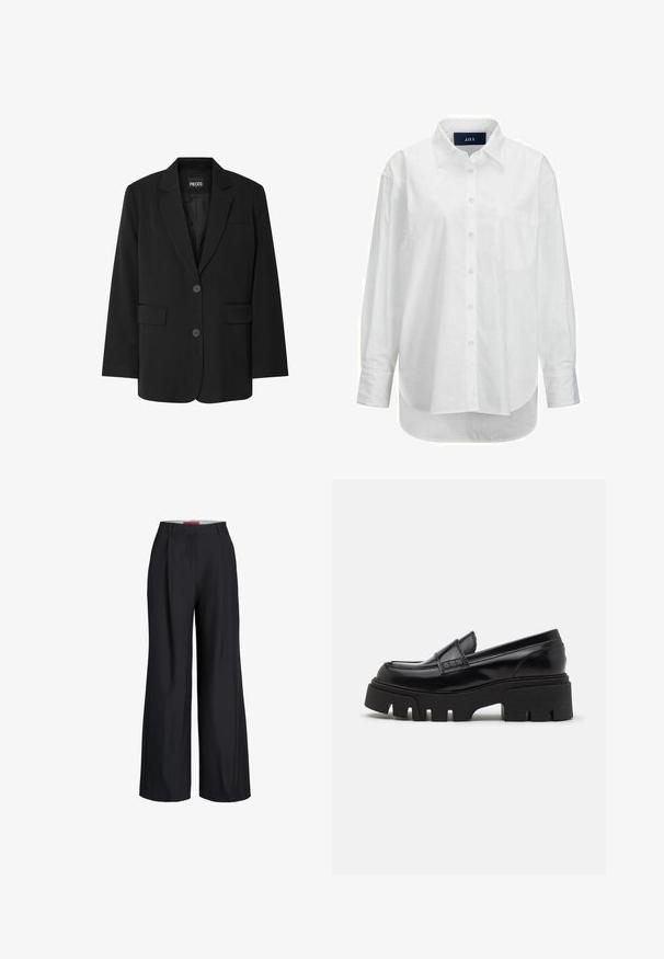 Čierny blazer značky PIECES, ktorý má klopa s notovaním, dve predné vrecká a zapínanie na dva gombíky, vyrobený z hladkej látky.; Biele dlhé rukávy košele z hladkej bavlny s golierom na gombíky, prednou vreckom a zakriveným lemom. Obsahuje zadný diel pre zvýšenú štruktúru.; Čierne široké spoločenské nohavice s opaskovými pútkami a predným zapínaním na zips, zobrazené na bielom pozadí.; Čierne kožené loafers so robustnou štruktúrovanou platformovou podrážkou a ozdobným remienkom cez hornú časť. Hladký, lesklý povrch.