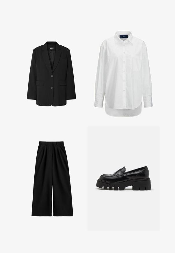 Čierny blazer značky PIECES, ktorý má klopa s notovaním, dve predné vrecká a zapínanie na dva gombíky, vyrobený z hladkej látky.; Biele dlhé rukávy košele z hladkej bavlny s golierom na gombíky, prednou vreckom a zakriveným lemom. Obsahuje zadný diel pre zvýšenú štruktúru.; Čierne široké nohavice s vysokým pásom, s očkami na opasok, prednými skladmi a hladkým, čistým povrchom látky.; Čierne kožené loafers so robustnou štruktúrovanou platformovou podrážkou a ozdobným remienkom cez hornú časť. Hladký, lesklý povrch.