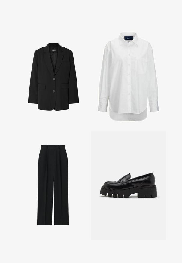 Zwarte blazer van PIECES, met een geknipt kraag, twee voork zakken en een sluiting met twee knopen, gemaakt van gladde stof.; Witte lange mouwen shirt van glad katoen met een button-down kraag, voorzak en ronde zoom. Heeft een achterpand voor extra structuur.; Reiss PETITE FIT - EDEN ELASTICATED WAIST WIDE - Broek - navy; Zwarte leren loafers met een chunky, gestructureerde platformzool en een decoratieve strap over de bovenkant. Gladde, glanzende afwerking.