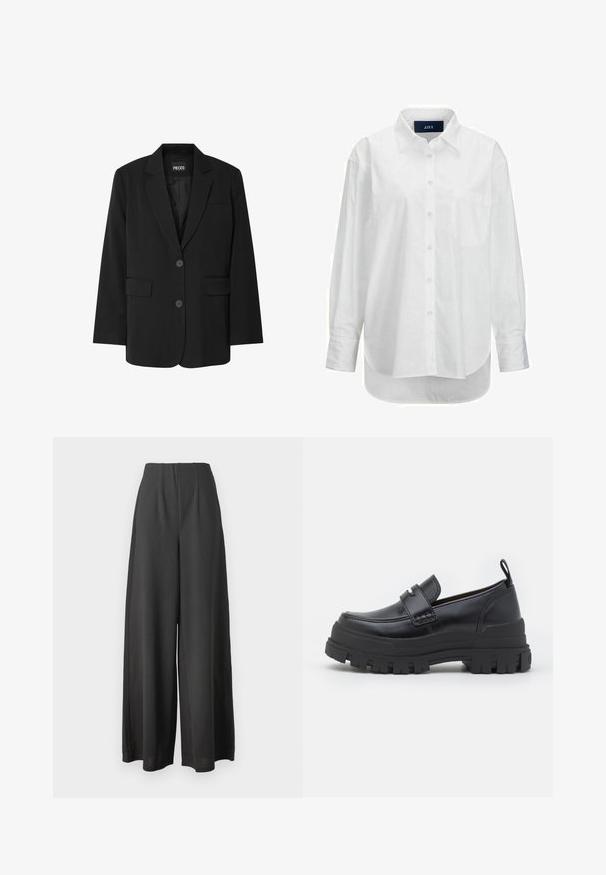 Sort blazer fra PIECES med reverskrave, to frontlommer og to knaplukninger, lavet af glat stof.; Hvid langærmet skjorte i glat bomuld med knapkrave, frontlomme og buet nederkant. Har en rygskulder for ekstra struktur.; Sorte vide bukser lavet af et glat stof, med høj talje og plisseret design for ekstra struktur og dybde.; Sort læderloafer med tyk rillede sål, mok tå syning, remdetalje over toppen og trækstrop på hælen, vist i sideprofil.