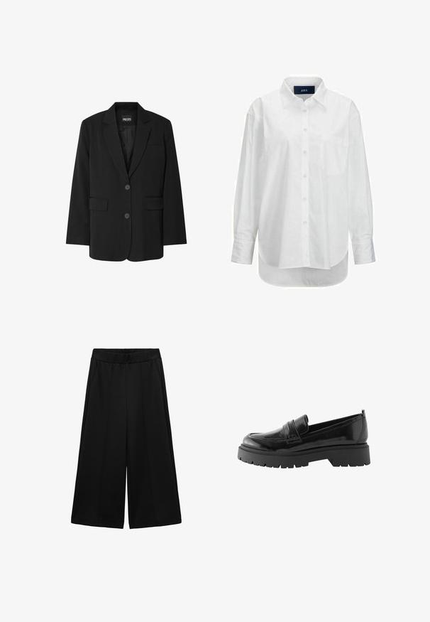 Zwarte blazer van PIECES, met een geknipt kraag, twee voork zakken en een sluiting met twee knopen, gemaakt van gladde stof.; Witte lange mouwen shirt van glad katoen met een button-down kraag, voorzak en ronde zoom. Heeft een achterpand voor extra structuur.; Zwarte wijde broek gemaakt van gestructureerde stof, met zijzakken en een gladde tailleband, ontworpen voor een ruime pasvorm.; Zwarte lakleren loafers hebben een laag platformzool met een robuuste profiel en een gestikte detail over de middenvoet.