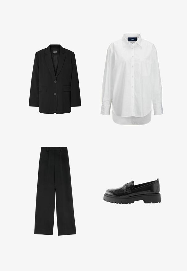 Sort blazer fra PIECES med reverskrave, to frontlommer og to knaplukninger, lavet af glat stof.; Hvid langærmet skjorte i glat bomuld med knapkrave, frontlomme og buet nederkant. Har en rygskulder for ekstra struktur.; Sorte brede bukser med høj talje, der har to frontfald, bæltestropper og en glat tekstur. Ingen lommer eller synligt metal.; Sorte lakerede loafers har en lav platformssål med en robust træd og en quiltet detalje over midtfoden.