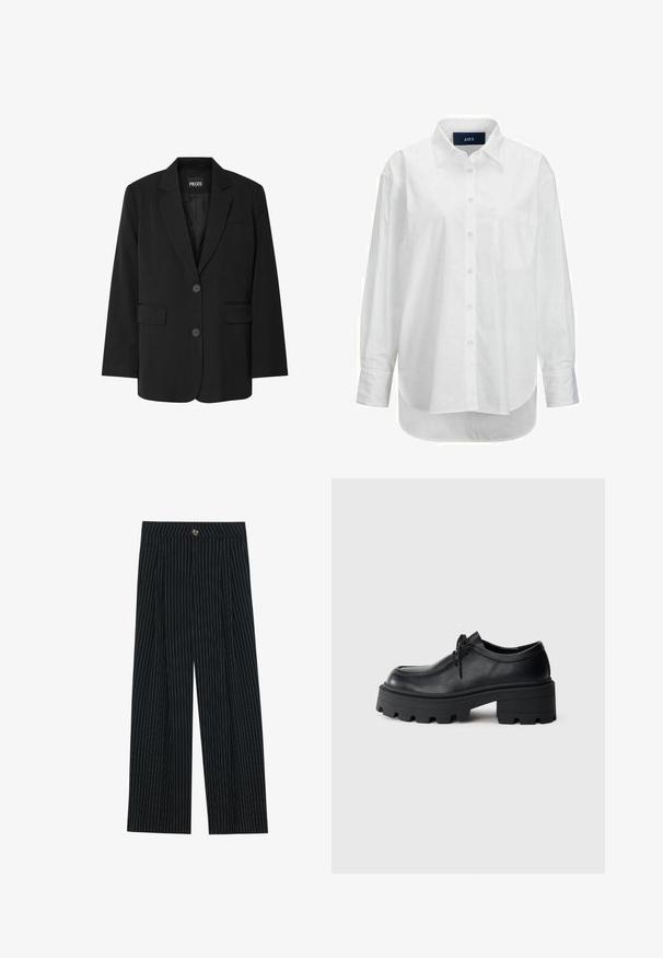 Blazer negro de PIECES, con cuello de muesca, dos bolsillos frontales y cierre de dos botones, fabricado en un tejido suave.; Camisa blanca de manga larga en algodón suave con cuello abotonado, bolsillo frontal y dobladillo curvado. Cuenta con un canesú en la parte posterior para mayor estructura.; Pantalones de pierna ancha a rayas negras, fabricados con una tela texturizada, que cuentan con un cierre frontal de botón y un diseño plisado para mayor interés.; Zapato negro de cuero con cordones, con una suela de goma negra gruesa y texturizada y punta redondeada. Presenta detalles de costura sutiles.