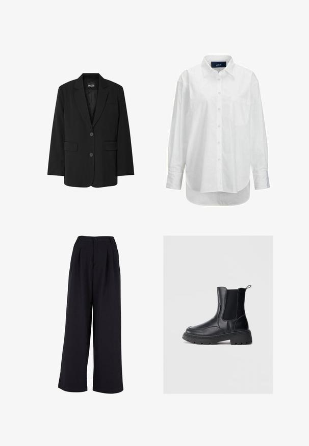 Sort blazer fra PIECES med reverskrave, to frontlommer og to knaplukninger, lavet af glat stof.; Hvid langærmet skjorte i glat bomuld med knapkrave, frontlomme og buet nederkant. Har en rygskulder for ekstra struktur.; Bredde bukser i sort stof med frontpliser, knaplukning og en glat overflade. Skræddersyet design med høj talje.; Sorte chelsea støvler lavet af glat læder, med elastiske sidepaneler, en tyk, robust sål, og en løkke bagpå for nem påtagning.