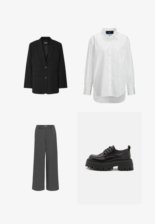 Blazer noir de la marque PIECES, avec un col cranté, deux poches avant et une fermeture à deux boutons, fabriqué à partir d'un tissu lisse.; Chemise blanche à manches longues en coton doux avec un col boutonné, une poche à l'avant et un ourlet arrondi. Présente un empiècement au dos pour plus de structure.; Pantalon large gris fabriqué en tissu texturé, avec une ceinture élastique et des poches avant pour un ajustement décontracté.; Chaussures à plateforme en cuir noir avec une semelle en caoutchouc épaisse et striée, comportant six œillets. Présentent un bout arrondi et une languette au talon pour un enfilage facile.