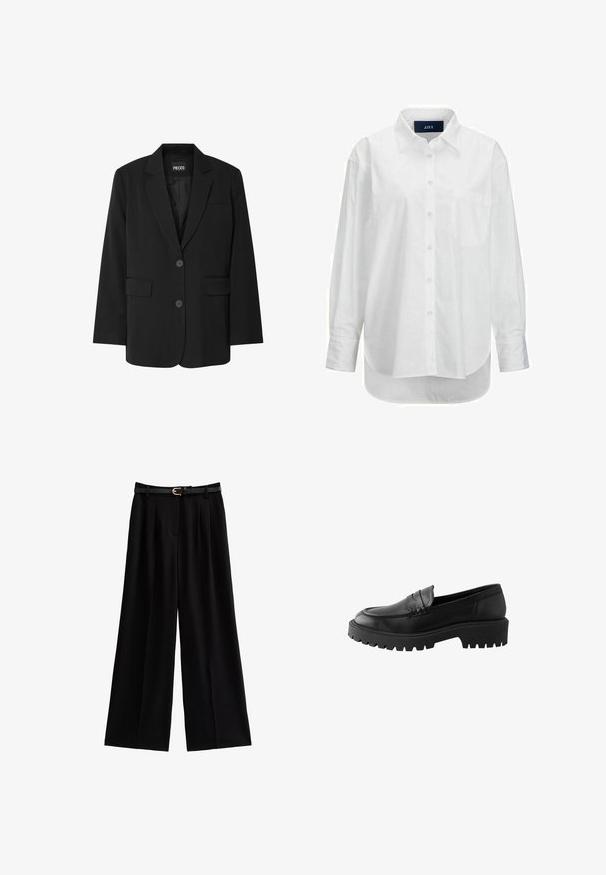 Zwarte blazer van PIECES, met een geknipt kraag, twee voork zakken en een sluiting met twee knopen, gemaakt van gladde stof.; Witte lange mouwen shirt van glad katoen met een button-down kraag, voorzak en ronde zoom. Heeft een achterpand voor extra structuur.; Wijde zwarte broeken van zacht materiaal, met scherpe plooien en een gestructureerde zwarte riem met een gouden gespaccent.; Zwarte leren instapper met een ronde neus, verhoogde stiknaaddetails en een stevige rubberen zool met diepe profielen voor grip.