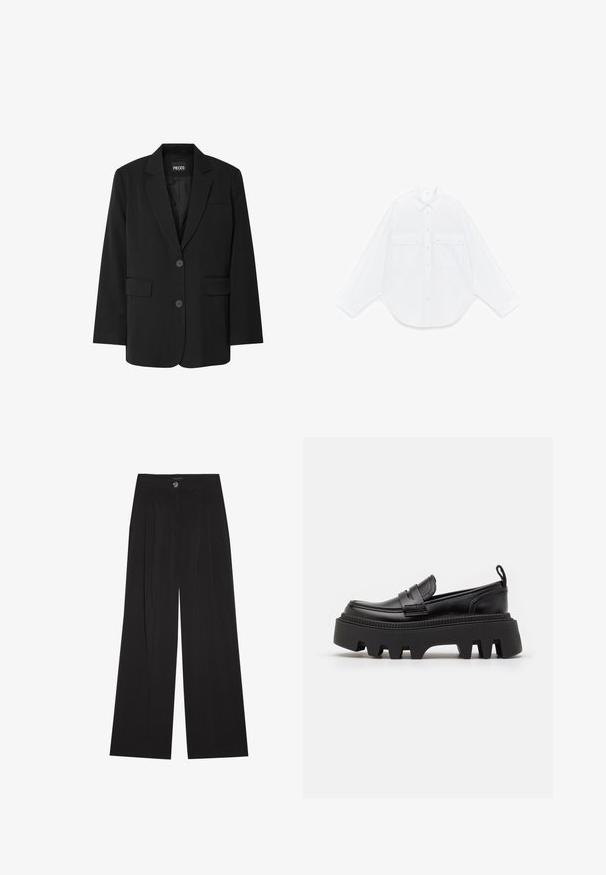 Sort blazer fra PIECES med reverskrave, to frontlommer og to knaplukninger, lavet af glat stof.; Hvid skjorte med lange ærmer, knapper, spids krave og to forlommer med klapper og knapper, lagt fladt på en hvid baggrund.; Sorte bukser med vide ben lavet af blødt stof, med høj talje, frontfolder og enkelt knaplukning. Glat tekstur og skræddersyet design.; Sorte læder loafers med en kraftig sort gummisål, der har skridsikre riller og et dekorativt bånd over forsiden.