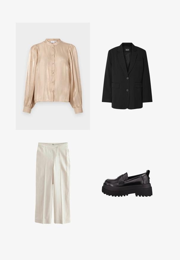 Musta bleiseri PIECESilta, jossa on viistetty kaulus, kaksi etutaskua ja kahden napin kiinnitys, valmistettu silkkisestä kankaasta.; VILA VISEANEEN - Paitapusero - feather gray; Next ASYMETRIC WAITBAND TAILORED WIDE LEG - Housut - neutral; Musta patenttinen nahkasiiven ykköskenkä, jossa on paksu, kuvioitu kumipohja, etuosassa ommeltu yksityiskohta ja pieni vetoketju kantapäässä.