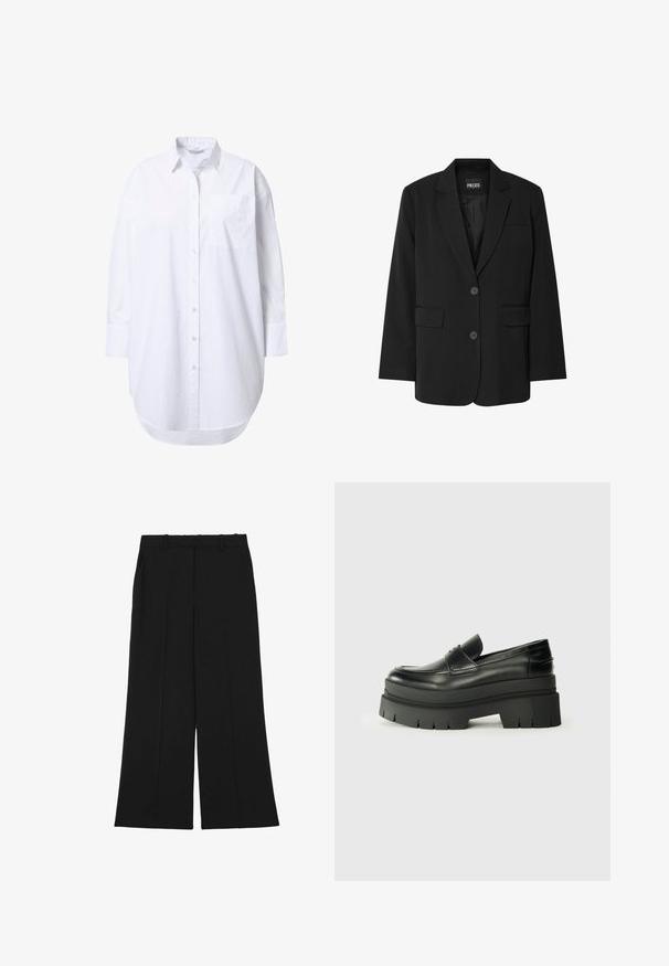 Sort blazer fra PIECES med reverskrave, to frontlommer og to knaplukninger, lavet af glat stof.; Overdimensioneret hvid skjorte med lange ærmer, spidst krave, forlommer og let buet nederkant.; Sorte bukser med vide ben lavet af et glat stof. De har høj talje, dobbelt forreste læg og bæltestropper. Ingen synlige lommer eller pynt.; Sorte læder loafers med en kraftig platformsål. Rund tå, forkant-søm detalje og subtile syninger. Flad, struktureret ydersål.