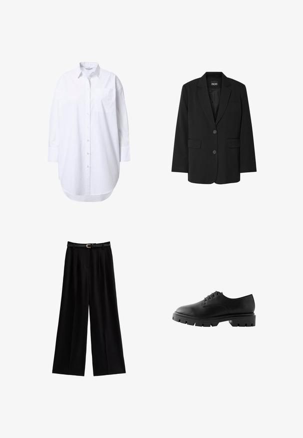Sort blazer fra PIECES med reverskrave, to frontlommer og to knaplukninger, lavet af glat stof.; Overdimensioneret hvid skjorte med lange ærmer, spidst krave, forlommer og let buet nederkant.; Bredde ben sorte bukser lavet af blødt stof, med skarpe folder og et tekstureret sort bælte med en gylden spænde.; Sorte lædersko med rund tå, seks snørrehuller, flade snørebånd og en kraftig gummisål med dybe mønstre.