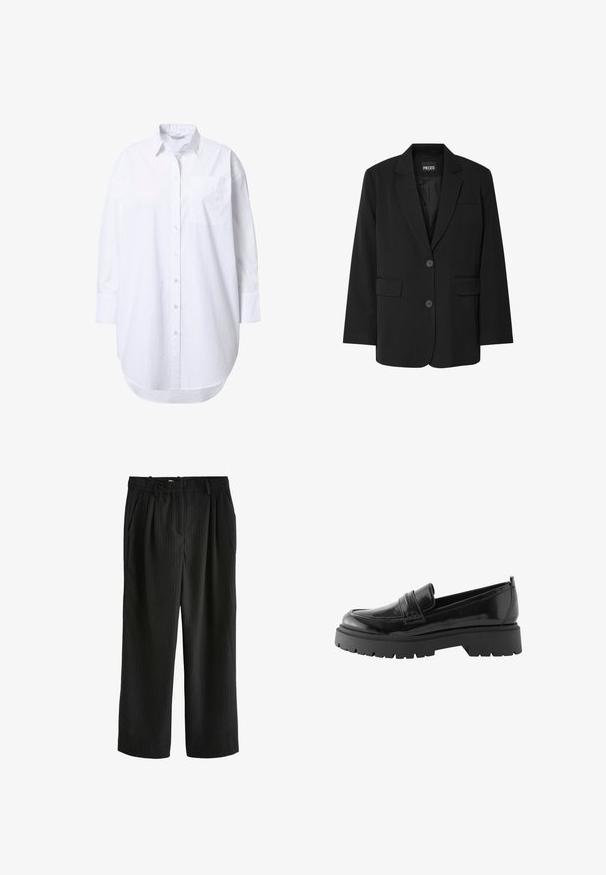 Sort blazer fra PIECES med reverskrave, to frontlommer og to knaplukninger, lavet af glat stof.; Overdimensioneret hvid skjorte med lange ærmer, spidst krave, forlommer og let buet nederkant.; Sorte vide benbukser med lodrette striber, med plisseret front, elastisk talje og en glat tekstur.; Sorte lakerede loafers har en lav platformssål med en robust træd og en quiltet detalje over midtfoden.