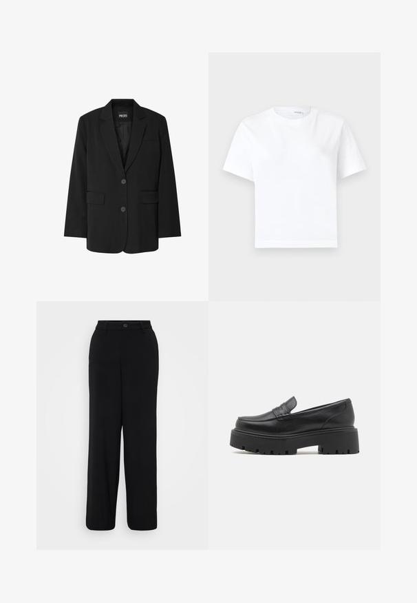 Sort blazer fra PIECES med reverskrave, to frontlommer og to knaplukninger, lavet af glat stof.; Hvid kortærmet bomuld t-shirt med rund halsudskæring og lige kant, vist på en hvid baggrund.; Sorte breddebenbukser lavet af et glat stof. Har en taljebånd med en knaplukning og detaljer med frontfolder.; Sorte læder loafers med en lav, grov gummi sål, syede detaljer på overdelen og en glat overflade.