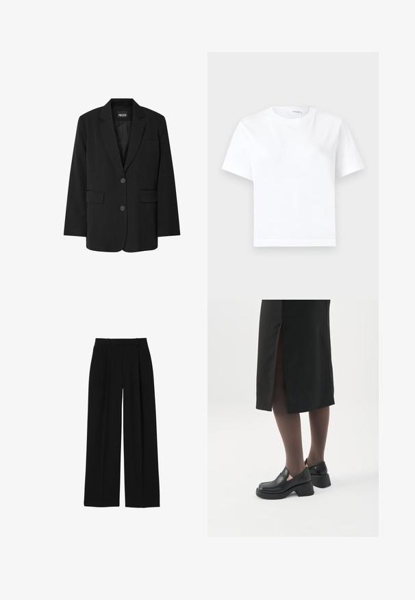 Čierny blazer značky PIECES, ktorý má klopa s notovaním, dve predné vrecká a zapínanie na dva gombíky, vyrobený z hladkej látky.; Jednoduché biele krátke bavlnené tričko s okrúhlym výstrihom a rovnou spodnou časťou, zobrazené na bielom pozadí.; Čierne nohavice s vysokým pásom, širokými nohavicami, pútkami na opasok a prednými záhybmi, zobrazené na bielom pozadí.; Žena má na sebe čierne mokasíny s hrubým podpätkom, priehľadné čierne pančuchy a čiernu sukňu s rázporkom vzadu na bielom pozadí.