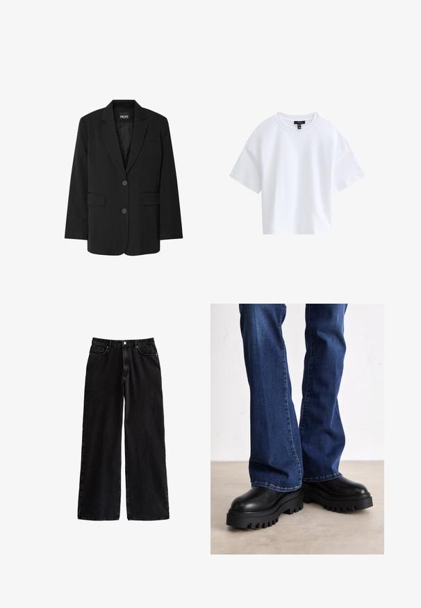 Blazer negro de PIECES, con cuello de muesca, dos bolsillos frontales y cierre de dos botones, fabricado en un tejido suave.; Camiseta blanca sencilla de manga corta y corte cropped con escote redondo y etiqueta negra de la marca dentro del cuello.; Pantalones de denim negros de pierna ancha con una cintura alta, que cuentan con un clásico diseño de cinco bolsillos y un cierre de botón, fabricados con una resistente tela de algodón.; Botas de plataforma negras gruesas con suelas de goma texturizada, punta redondeada y parte superior de cuero suave, combinadas con jeans de campana azules.