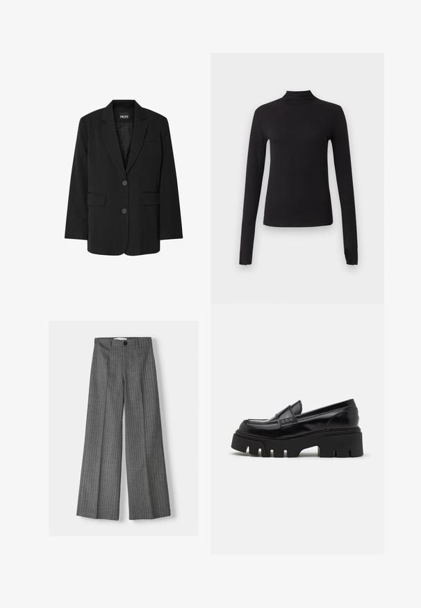 Sort blazer fra PIECES med reverskrave, to frontlommer og to knaplukninger, lavet af glat stof.; Sort langærmet tætsiddende top med høj hals, vist på ensartet lysegrå baggrund.; Grå brede bukser med stribe-mønster, udstyret med knaplukning og to forlommer. Lavet af tekstureret stof.; Sorte læder loafers med en chunky, tekstureret platformssål og en dekorativ rem over toppen. Glat, blank finish.