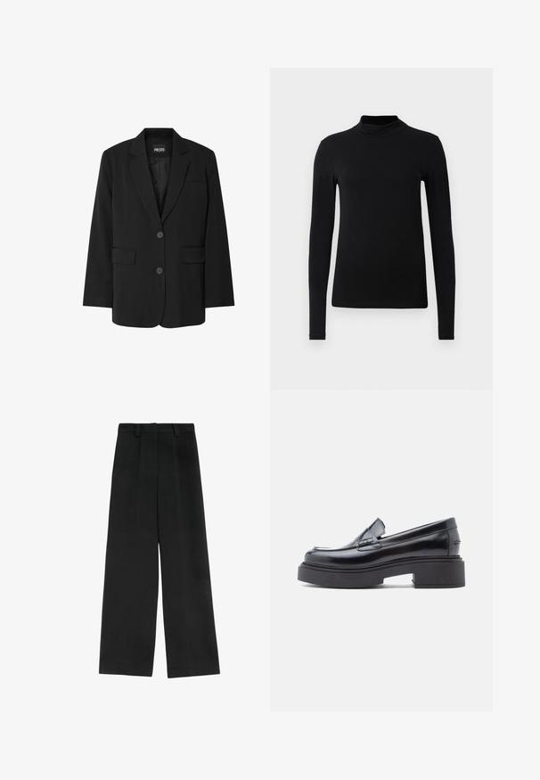 Sort blazer fra PIECES med reverskrave, to frontlommer og to knaplukninger, lavet af glat stof.; Sort langærmet turtleneck skjorte lavet af glat stof; tætsiddende design med høj krave og ingen synlige sømme. Enkel, ensfarvet.; Sorte brede bukser med høj talje, der har to frontfald, bæltestropper og en glat tekstur. Ingen lommer eller synligt metal.; Sorte læder loafers med rund tå, der har en hævet platformssål og en enkel dekorativ rem over vamps. Glat finish.