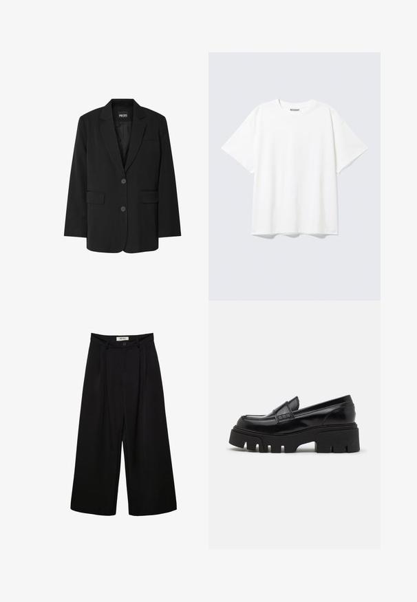 Blazer noir de la marque PIECES, avec un col cranté, deux poches avant et une fermeture à deux boutons, fabriqué à partir d'un tissu lisse.; T-shirt blanc à manches courtes, col rond, coupe décontractée et étiquette "WEEKDAY" à l’intérieur du dos du col.; Pantalon noir à jambes larges avec taille haute, présentant des plis à l'avant, deux poches latérales et une fermeture par bouton. Texture de tissu lisse.; Mocassins en cuir noir avec une semelle plateforme épaisse et texturée, et une sangle décorative sur le dessus. Fini lisse et brillant.