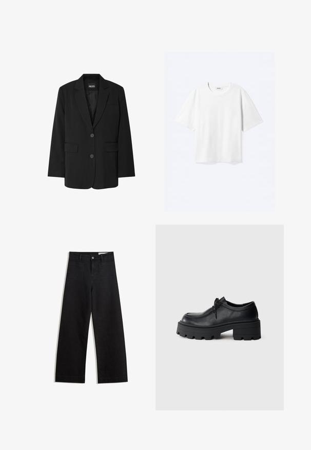 Schwarzer Blazer von PIECES, mit Reverskragen, zwei Fronttaschen und zwei Knopfverschluss, aus glattem Stoff gefertigt.; Weißes T-Shirt mit kurzen Ärmeln und Rundhalsausschnitt mit geradem Saum, innen mit gebrandetem "WEEKDAY"-Label am Kragen.; Schwarze weit geschnittene Jeans mit hoher Taille, ausgestattet mit Vorder- und Hintertaschen, gesteppten Nähten und einem Knopfverschluss. Glatte Textur.; Schwarze Leder Schnürschuhe mit einer dicken, strukturierten schwarzen Gummisohle und einer runden Spitze. Verfügt über dezente Stickdetails.