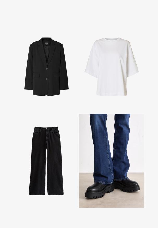 Blazer negro de PIECES, con cuello de muesca, dos bolsillos frontales y cierre de dos botones, fabricado en un tejido suave.; Camiseta blanca de manga corta y ajuste holgado, con hombros caídos y cuello redondo sobre un fondo liso.; Pantalones de denim negros de pierna ancha con una cintura alta, que cuentan con un clásico diseño de cinco bolsillos y un cierre de botón, fabricados con una resistente tela de algodón.; Botas de plataforma negras gruesas con suelas de goma texturizada, punta redondeada y parte superior de cuero suave, combinadas con jeans de campana azules.