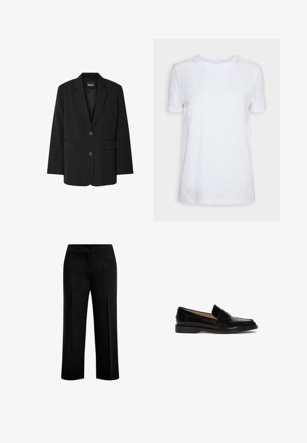 Blazer negro de PIECES, con cuello de muesca, dos bolsillos frontales y cierre de dos botones, fabricado en un tejido suave.; Camiseta blanca lisa de manga corta con cuello redondo, ajuste regular y una pequeña etiqueta interior en el cuello que dice "SELECTED FEMME."; Pantalones anchos y negros fabricados en un tejido suave, con dos bolsillos delanteros y una cinturilla plana. Diseño ajustado con una silueta limpia.; Mocasines de cuero negro con un acabado suave, punta redondeada y una correa decorativa en la parte frontal. Diseño de tacón bajo.