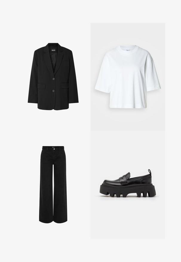 Blazer negro de PIECES, con cuello de muesca, dos bolsillos frontales y cierre de dos botones, fabricado en un tejido suave.; Camiseta blanca corta con mangas cortas, escote redondo, hecha de material de algodón suave, con un diseño simple y limpio.; Pantalones de mezclilla negros de pierna ancha con cintura alta, que cuentan con un cierre frontal con botón, dos bolsillos laterales y un diseño clásico de cinco bolsillos.; Mocasines de cuero negro con una suela de goma negra gruesa, que cuentan con ranuras antideslizantes y una correa decorativa en la parte delantera.