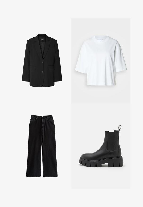 Zwarte blazer van PIECES, met een geknipt kraag, twee voork zakken en een sluiting met twee knopen, gemaakt van gladde stof.; Witte cropped t-shirt met korte mouwen, ronde hals, gemaakt van zacht katoen, met een eenvoudig en strak ontwerp.; Zwarte, wijde denim broek met hoge taille, voorzien van een klassiek vijf-pocket ontwerp en een knoopsluiting, gemaakt van stevige katoen.; Zwarte leren enkelboot met elastische zijkanten, chunky gestructureerde zool en een lus aan de achterkant voor gemakkelijk aan- en uittrekken.