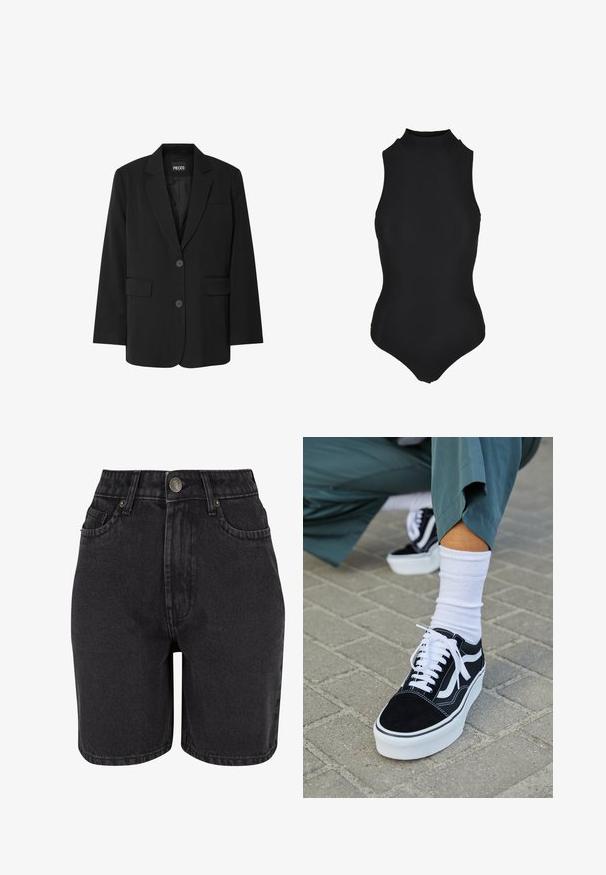 Blazer noir de la marque PIECES, avec un col cranté, deux poches avant et une fermeture à deux boutons, fabriqué à partir d'un tissu lisse.; Body noir sans manches en rib avec col montant et silhouette ajustée.; Shorts en denim noir à taille haute, avec un design à cinq poches et un système de fermeture à bouton en métal. Le tissu a une texture lisse avec un léger dégradé.; Baskets en suède noir avec des accents et des lacets blancs, présentant une épaisse semelle blanche et des coutures contrastantes, associées à une chaussette blanche.