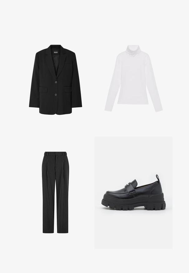 Zwarte blazer van PIECES, met een geknipt kraag, twee voork zakken en een sluiting met twee knopen, gemaakt van gladde stof.; Witte lange mouw turtleneck top gemaakt van glad, elastisch materiaal. Voorzien van een hoge kraag en een getailleerd ontwerp, zonder zichtbare patronen of versieringen.; Zwarte gestreepte broek met een hoge taille, geplooide voorkant en een recht, slim-fit ontwerp. De stof lijkt gestructureerd en is op maat gemaakt voor een formele uitstraling.; Zwarte leren loafer met dikke geribbelde zool, moc-toe stiksels, banddetail bovenaan en een trekband bij de hiel, zijaanzicht getoond.