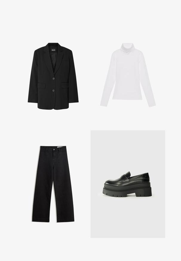 Čierny blazer značky PIECES, ktorý má klopa s notovaním, dve predné vrecká a zapínanie na dva gombíky, vyrobený z hladkej látky.; Biely dlhý rukáv v štýle roláka vyrobený z hladkej, elastickej tkaniny. Má vysoký golier a priliehavý strih, bez viditeľných vzorov alebo ozdôb.; Čierne denimové nohavice s širokými nohavicami a vysokým pásom, so prednými a zadnými vreckami, šitými švami a zapínaním na gombík. Hladká textúra.; Čierne kožené loafers s masívnou platformou. Zaoblená špička, predný šev a jemné švy. Plošná, štruktúrovaná podrážka.