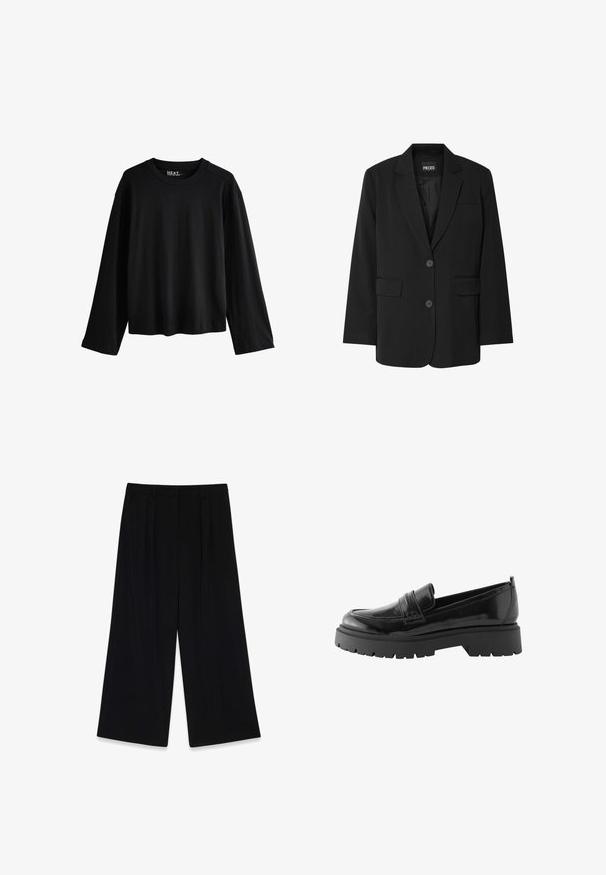 Blazer negro de PIECES, con cuello de muesca, dos bolsillos frontales y cierre de dos botones, fabricado en un tejido suave.; Camiseta negra de algodón con mangas largas y cuello redondo, corte relajado y etiqueta de la marca visible en el interior en la parte trasera del cuello.; Pantalones de pierna ancha negros, hechos de un tejido suave, con pliegues en la parte delantera, cintura de altura media y sin cierres o adornos visibles.; Los mocasines de charol negro presentan una suela plataforma baja con un diseño de tracción robusta y un detalle cosido en el medio del pie.