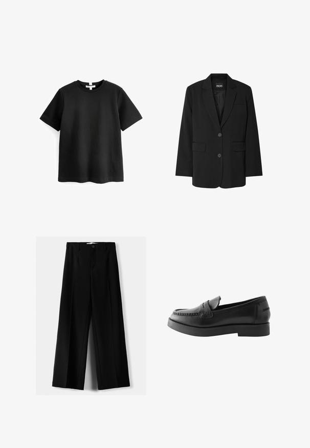 Zwarte blazer van PIECES, met een geknipt kraag, twee voork zakken en een sluiting met twee knopen, gemaakt van gladde stof.; Zwarte korte mouwen t-shirt van soepele katoen, met een ronde hals en een rechte zoom. Eenvoudig, minimaal ontwerp zonder patronen.; Zwarte broek met wijde pijpen, hoge taille, plooien aan de voorkant, riemlussen en een knoopsluiting, afgebeeld op een effen lichte achtergrond.; Zwarte leren loafers met een platte zool, ronde neus en decoratieve stiksels op de bovenkant. Geen zichtbare hardware of patronen.