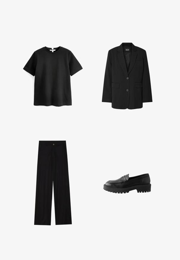 Blazer negro de PIECES, con cuello de muesca, dos bolsillos frontales y cierre de dos botones, fabricado en un tejido suave.; Camiseta negra de manga corta hecha de algodón suave, con un escote redondeado y un dobladillo recto. Diseño simple y minimalista sin patrones.; Pantalones negros de pierna ancha hechos de una tela suave, con bolsillos delanteros y cierre de botón en la cintura. Diseño minimalista sin patrones.; Mocasín de cuero negro con puntera redondeada, detalle de costura elevada y suela de goma gruesa con surcos profundos para mayor tracción.