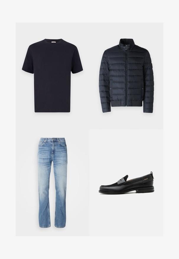 Chaqueta acolchada de color marino con cuello alzado, diseño de acolchado horizontal, cierre frontal de cremallera y bolsillos laterales. Presenta puños y dobladillo acanalados.; Camiseta de algodón azul marino con escote redondo, manga corta y corte relajado; textura suave; sin patrones o elementos metálicos visibles.; Jeans de mezclilla azul claro con corte recto, acabado desgastado, cinco bolsillos y cierre de botón. Diseño clásico y grosor medio.; Mocasín de cuero negro con detalle de tira gris, tacón bajo y suela texturizada, con la marca "HUGO" en oro en el lateral.