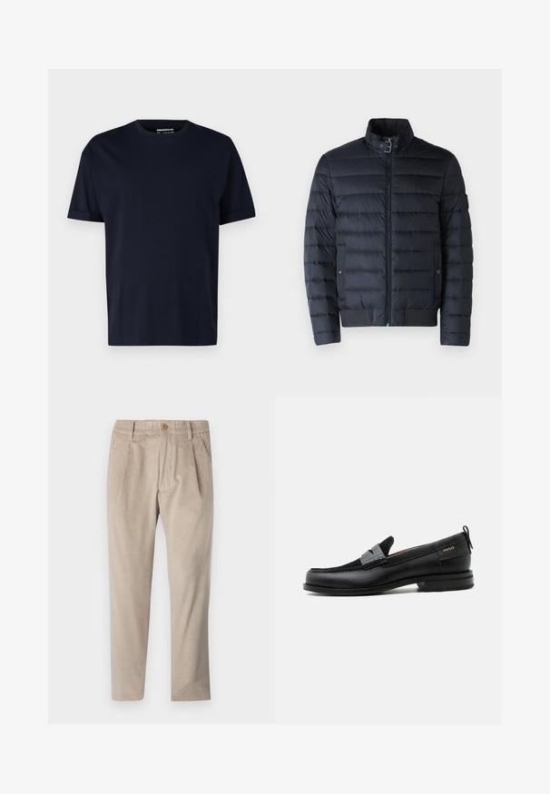 Veste matelassée marine avec col montant, design matelassé horizontal, fermeture éclair à l'avant et poches latérales. Comprend des poignets et un ourlet côtelés.; T-shirt en coton bleu marine à manches courtes et col rond, avec une texture lisse et sans motifs ni logos visibles.; Pantalons en velours côtelé beige avec une taille élastique, fermeture à bouton et détails de plis, présentant un design à jambe droite et un tissu texturé.; Mocassin en cuir noir avec détail de bride grise, talon bas et semelle texturée, marqué "HUGO" en or sur le côté.