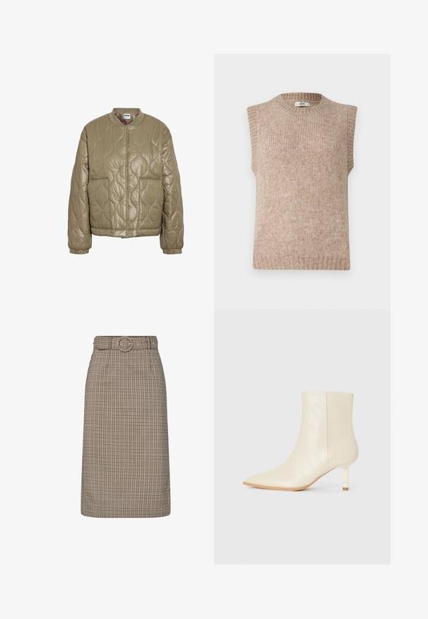 Chaqueta acolchada marrón claro con mangas largas, dos bolsillos frontales, puños elásticos y cuello redondo.; Suéter de punto sin mangas en color beige con un cuello y dobladillo acanalados. Textura suave, corte recto y sutiles variaciones de color en toda la prenda.; Falda lápiz a cuadros marrón y beige con cintura alta, trabillas para cinturón, hebilla circular y silueta recta. Tejido de mezcla de algodón.; Botín de tobillo color crema con punta afilada y tacón mediano esbelto, de textura suave, mostrado desde el lado externo sobre un fondo blanco.