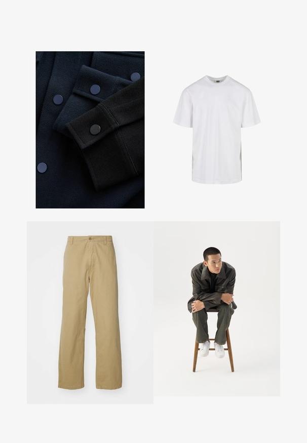 To teksturerede stofstykker i mørk marineblå og sort med afrundede sorte knapper og en struktureret kravedesign.; Plain hvid T-shirt med korte ærmer og rund hals med løs pasform, vist mod en hvid baggrund.; Khaki bomuldsbukser med lige ben, der har en frontknaplukning og sidelommer. Glat, robust tekstur.; Ung mand i mørk læderjakke og jeans sidder på en træskammel, læner sig fremad med armene krydset og kigger til siden mod hvid baggrund.