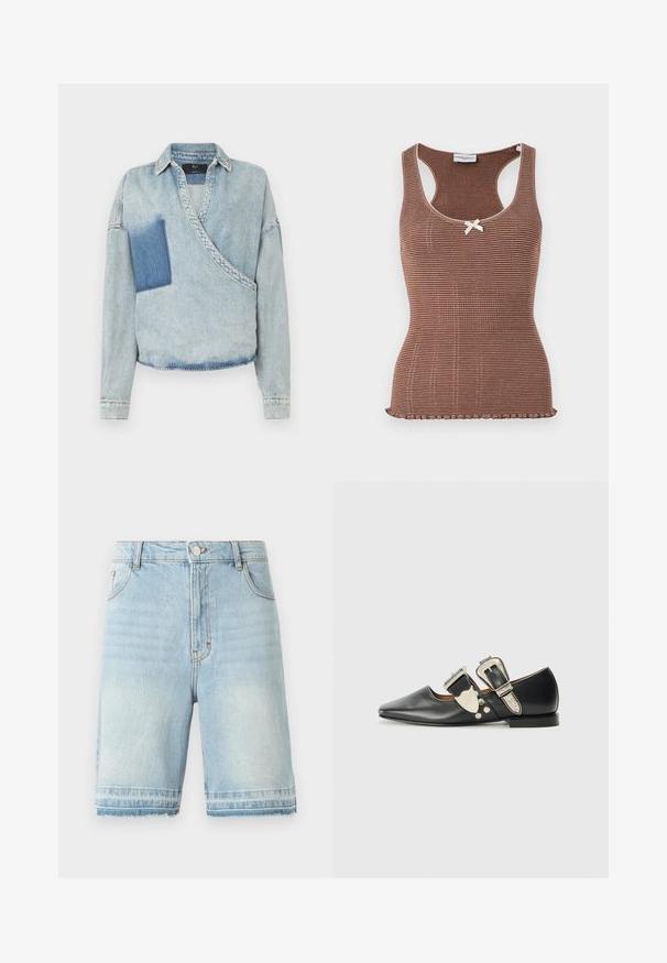 Lichtblauw denim overslagshirt met een diepe V-hals, lange mouwen en een contrasterende donkere patch aan de linkerkant. Gescheurde zomen en een klassieke kraag.; Bruine geribbelde tanktop met witte bies en een strikje in het midden. Heeft een aansluitend ontwerp en een gegolfde zoom.; Lichtblauwe denimshorts met een rafelige zoom, vijf zakken, en een standaard tailleband met knoopsluiting. Subtiele vervaging overal.; Zwarte leren platte schoen met een puntige neus, zilveren gespsaccenten en decoratieve nagels. Beschikt over een lage hak en een soepele textuur.